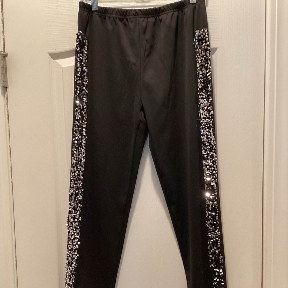 Black Sequin Trim Leggings With Slit